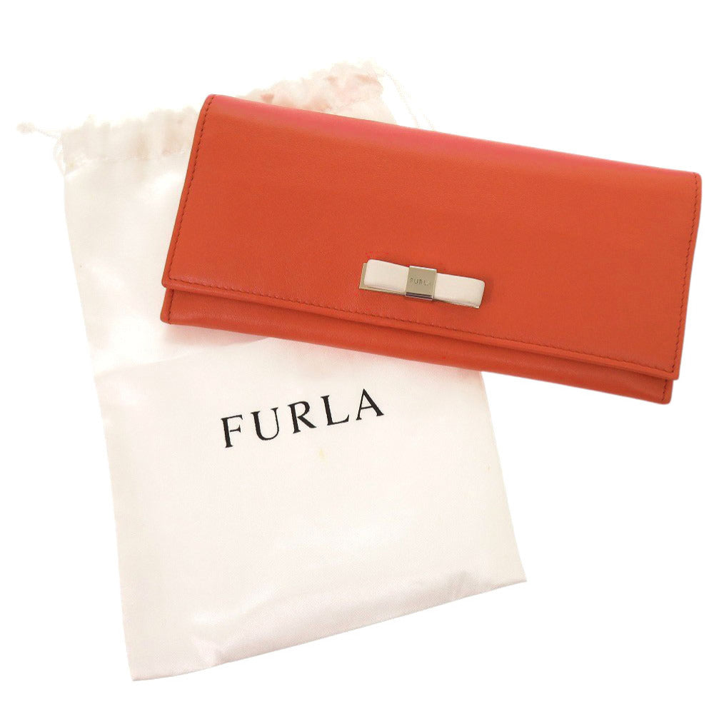 新品同様 フルラ リボン レザー オレンジ 長財布 1244【中古】Furla