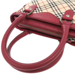美品 バーバリー ノバチェック レザー キャンバス レッド ベージュ ハンドバッグ 1280【中古】BURBERRY