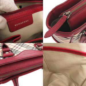 美品 バーバリー ノバチェック レザー キャンバス レッド ベージュ ハンドバッグ 1280【中古】BURBERRY