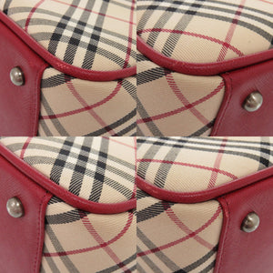 美品 バーバリー ノバチェック レザー キャンバス レッド ベージュ ハンドバッグ 1280【中古】BURBERRY