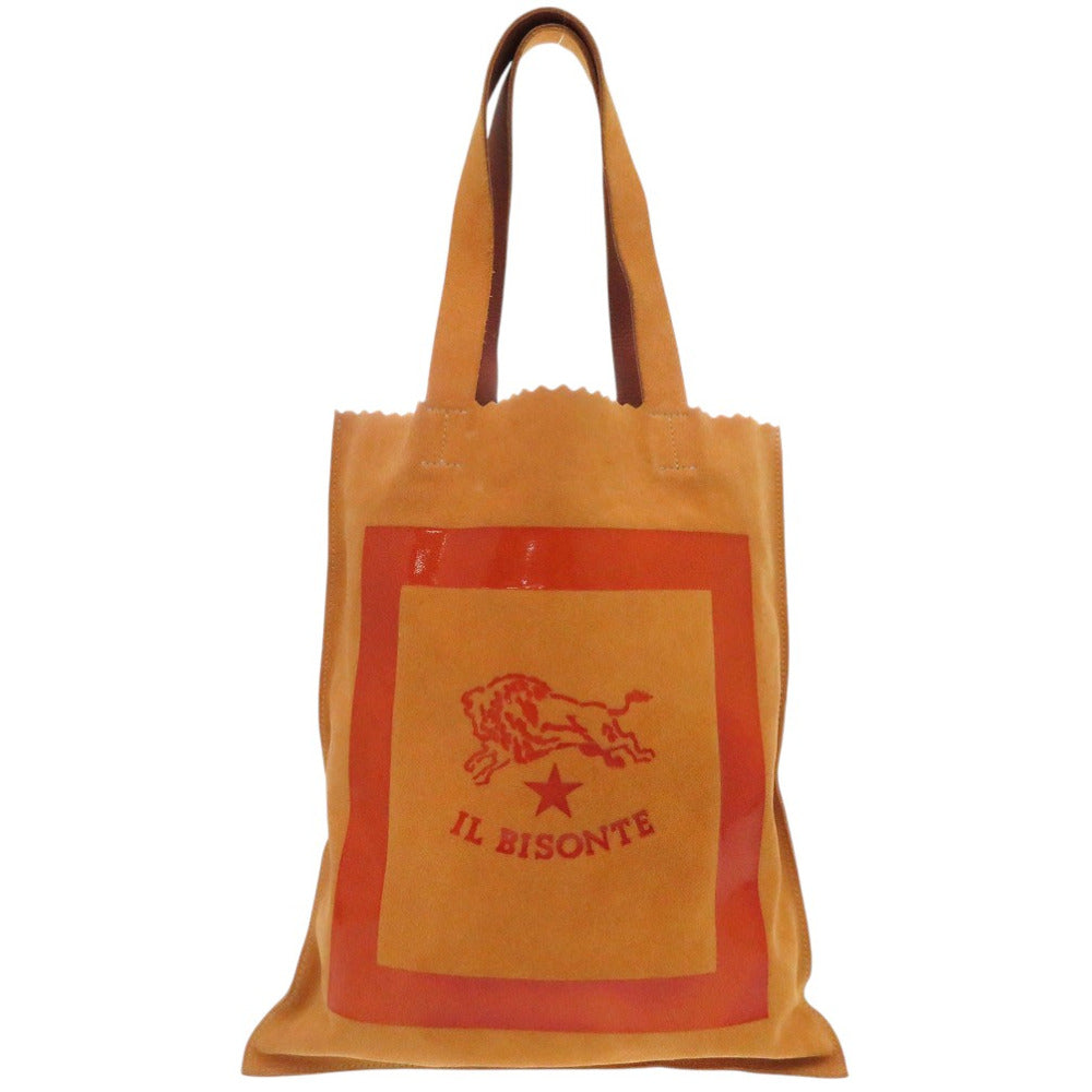 新品同様 イルビゾンテ ロゴプリント トートバッグ スウェード レザー ブラウン 1348【中古】IL BISONTE