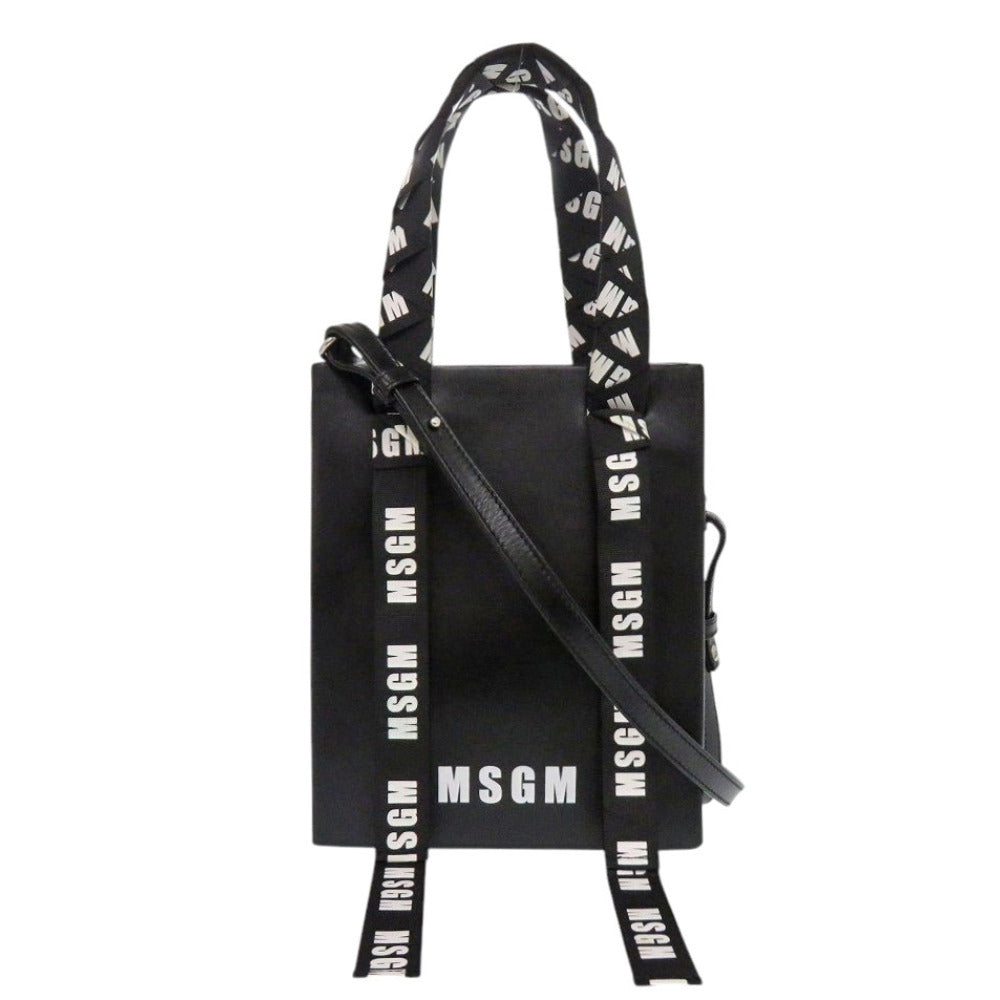 美品 MSGM ロゴテープ 2841MDZ605 ブラック レザー 2wayハンドバッグ 黒 1350【中古】