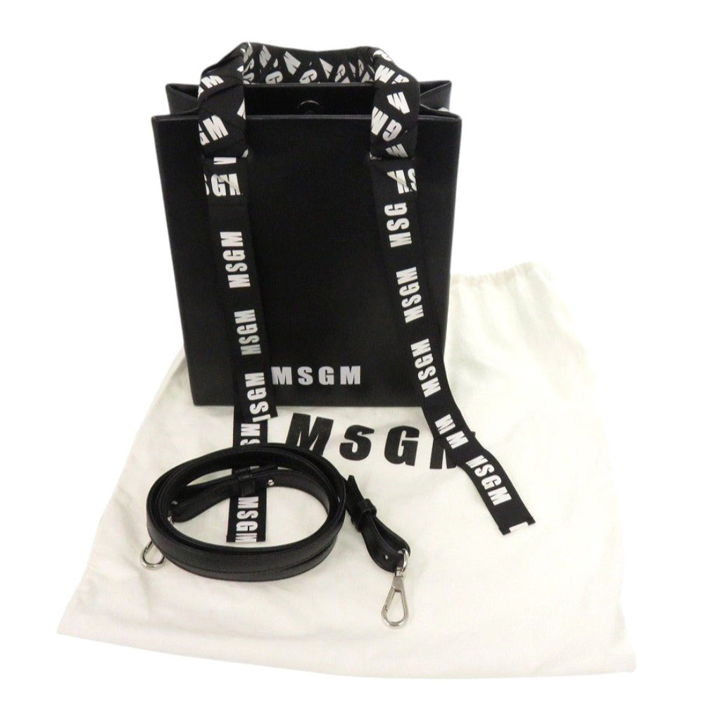 美品 MSGM ロゴテープ 2841MDZ605 ブラック レザー 2wayハンドバッグ 黒 1350【中古】