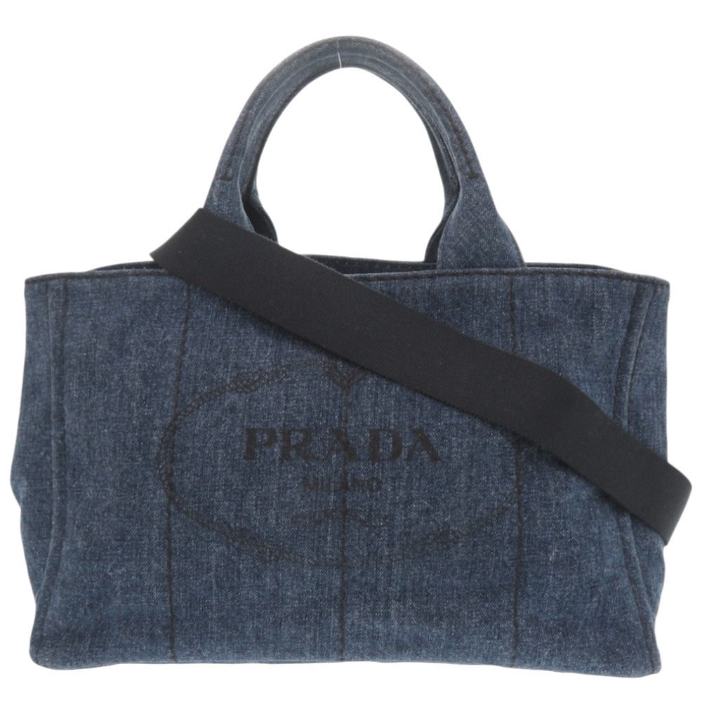 美品 プラダ カナパ デニム ブルー 2WAY トートバッグ ショルダーバッグ ハンドバッグ 0074【中古】PRADA