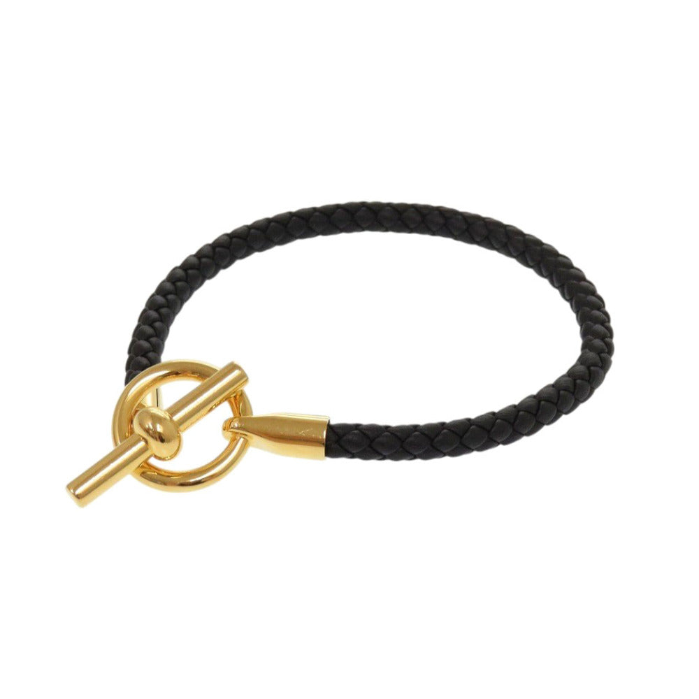 未使用 エルメス グレナン レザー メタル ブラック ブレスレット 黒 ゴールド 0134【中古】HERMES