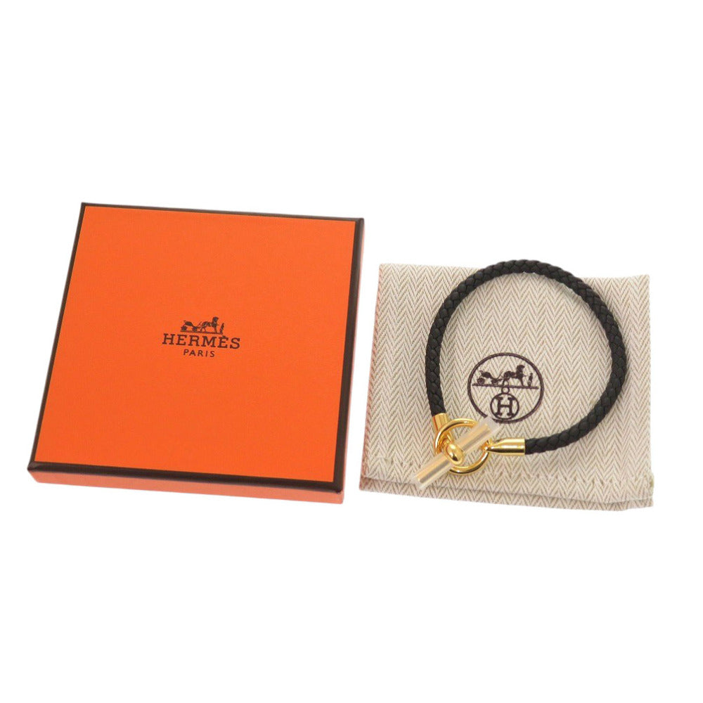 未使用 エルメス グレナン レザー メタル ブラック ブレスレット 黒 ゴールド 0134【中古】HERMES