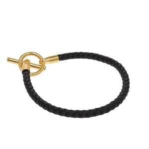 未使用 エルメス グレナン レザー メタル ブラック ブレスレット 黒 ゴールド 0134【中古】HERMES