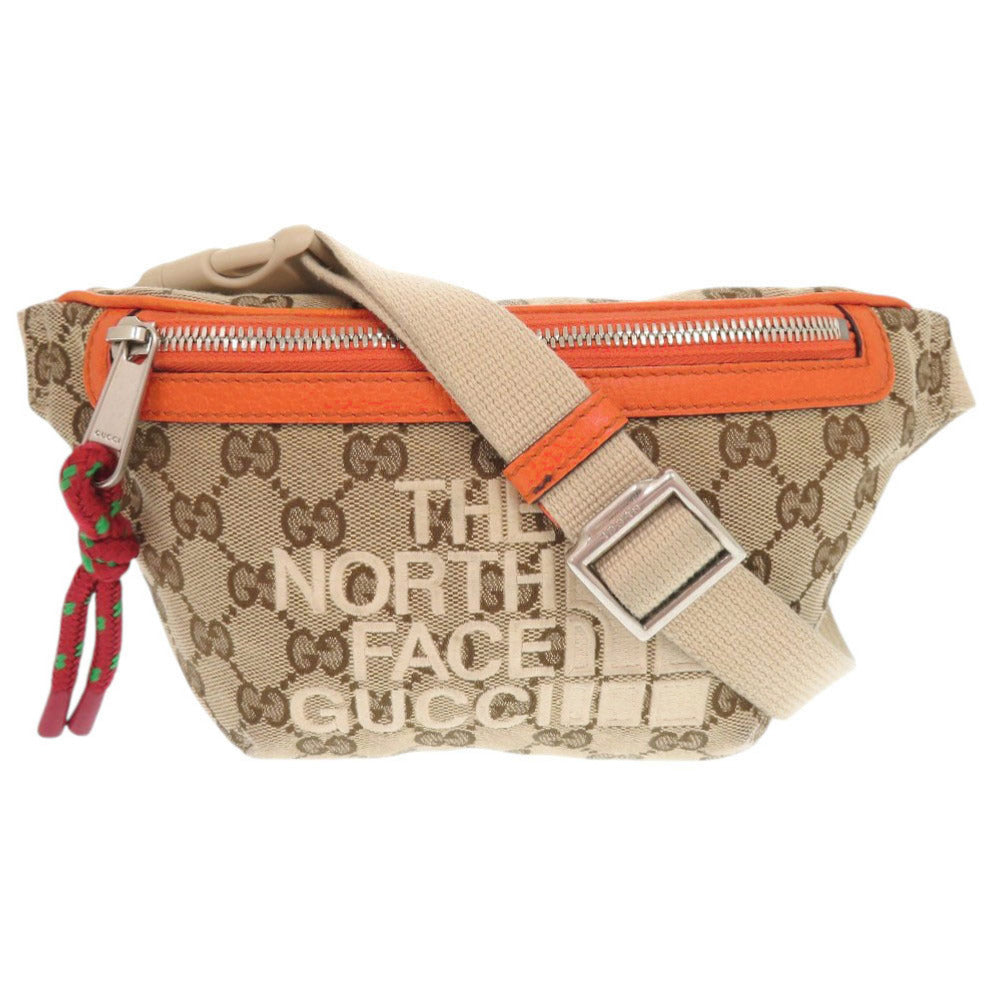 美品 グッチ × THE NORTH FACE 650299 GGキャンバス レザー ベージュ オレンジ ウエストバッグ ボディバッグ 0194【中古】GUCCI メンズ