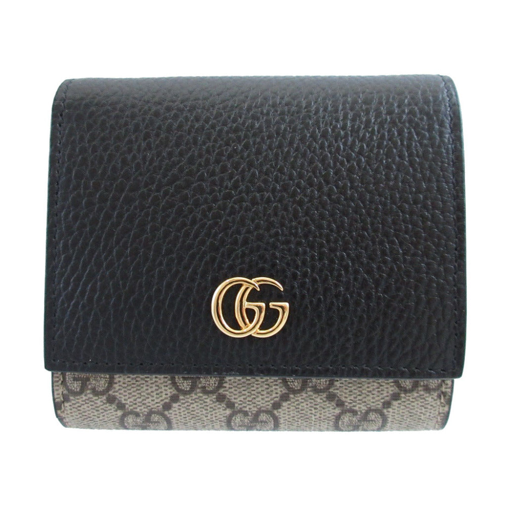 未使用 グッチ コンパクトウォレット GGマーモント 598587 GGスプリーム レザー ベージュ ブラック 黒 2つ折り財布 財布 0204【中古】GUCCI