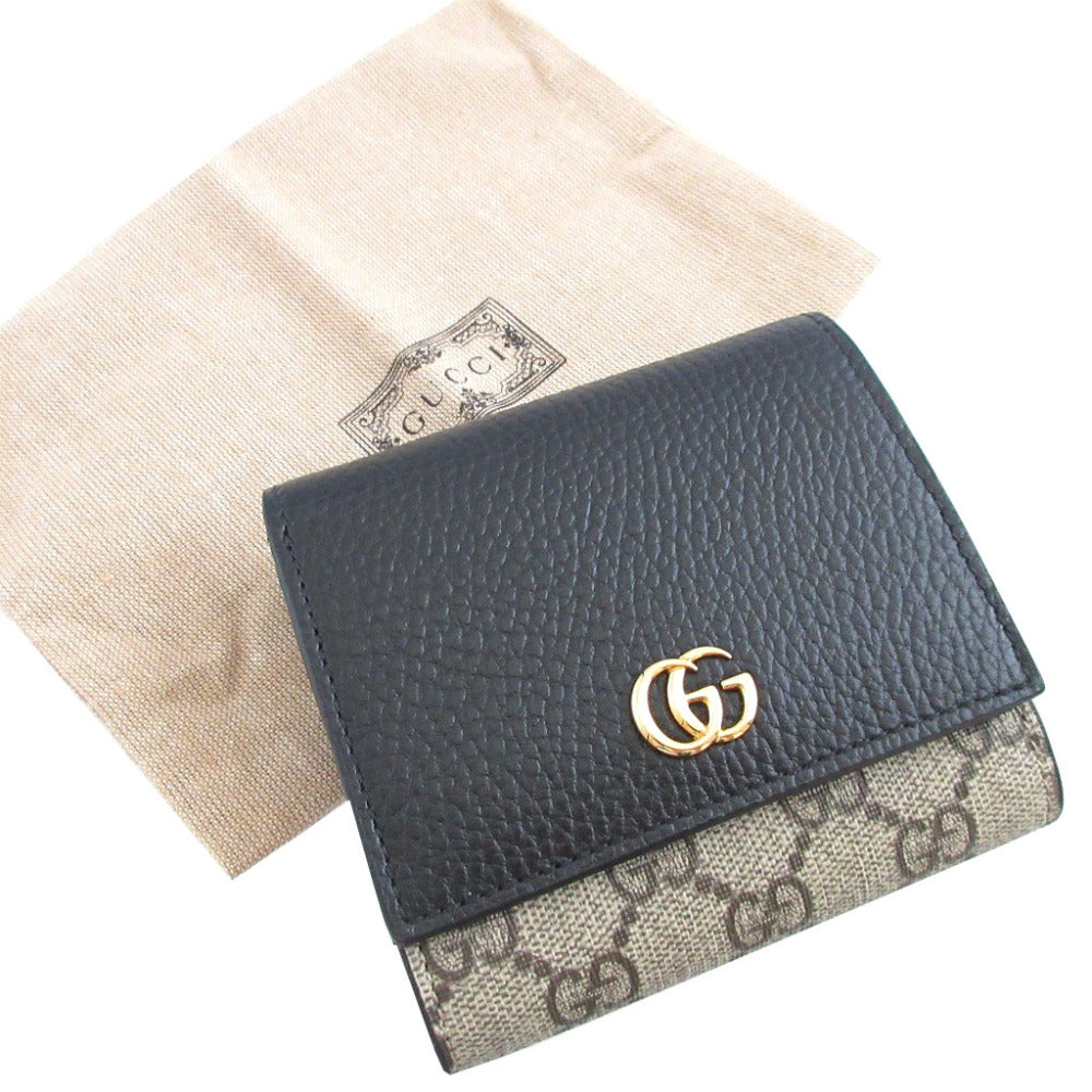 未使用 グッチ コンパクトウォレット GGマーモント 598587 GGスプリーム レザー ベージュ ブラック 黒 2つ折り財布 財布 0204【中古】GUCCI
