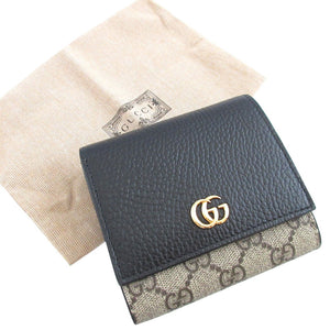 未使用 グッチ コンパクトウォレット GGマーモント 598587 GGスプリーム レザー ベージュ ブラック 黒 2つ折り財布 財布 0204【中古】GUCCI