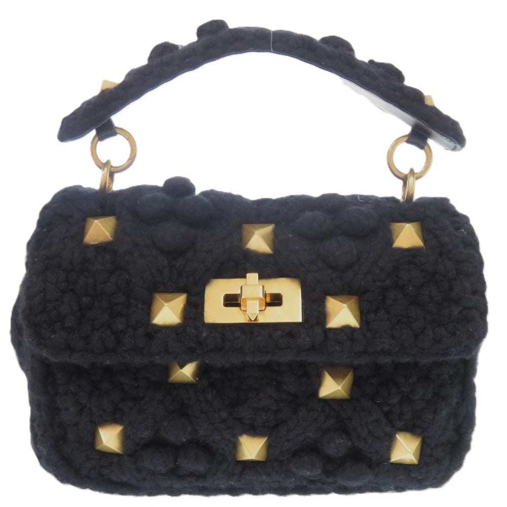 美品 ヴァレンティノガラヴァーニ ローマンスタッズ カシミヤ ブラック ゴールド金具 黒 ハンドバッグ 0289【中古】Valentino Garavani