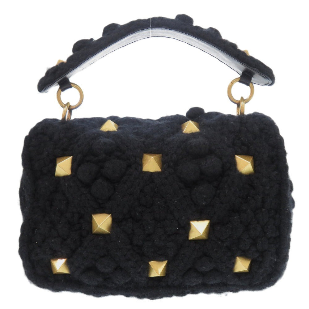 美品 ヴァレンティノガラヴァーニ ローマンスタッズ カシミヤ ブラック ゴールド金具 黒 ハンドバッグ 0289【中古】Valentino Garavani