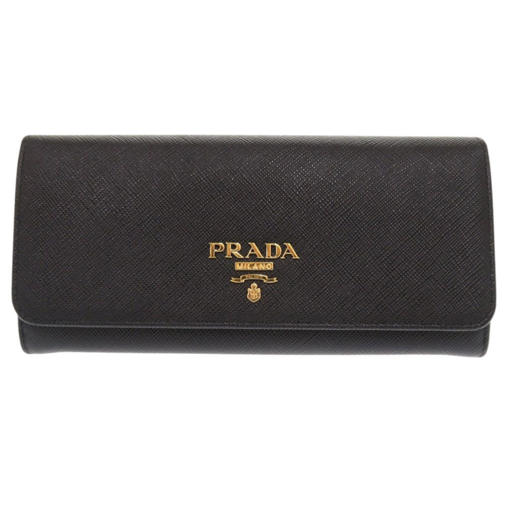 美品 プラダ サフィアーノ レザー ブラック 長財布 二つ折り長財布 黒 0301【中古】PRADA