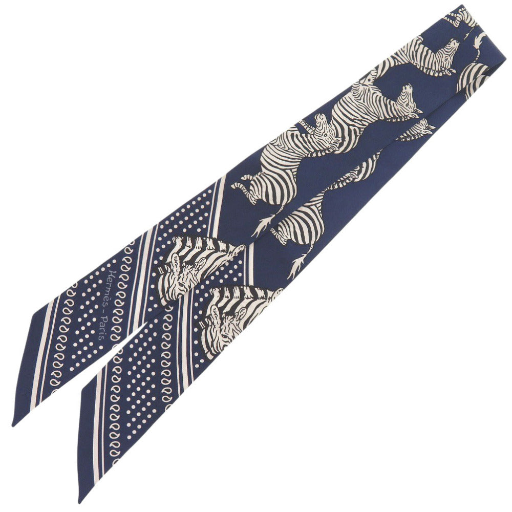 美品 エルメス ツイリー LES ZEBRES シルク ネイビー スカーフ 0331-1【中古】HERMES