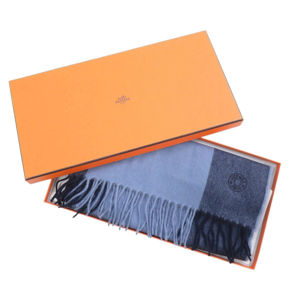 未使用品 エルメス Hサマーブロック カシミヤ ブルー マフラー 青 0332【中古】HERMES