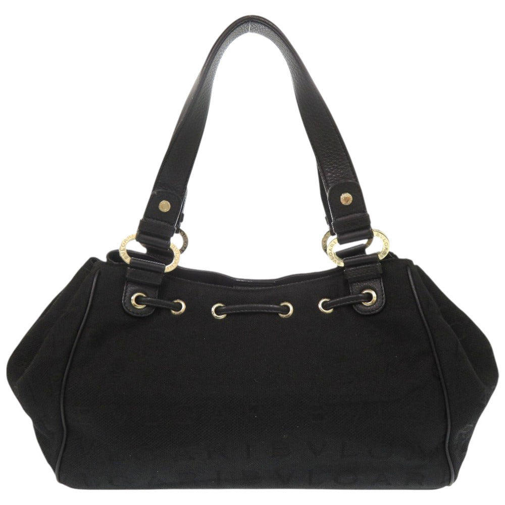 ブルガリ ロゴマニア キャンバス レザー ブラック ハンドバッグ トートバッグ 黒 0406【中古】BVLGARI