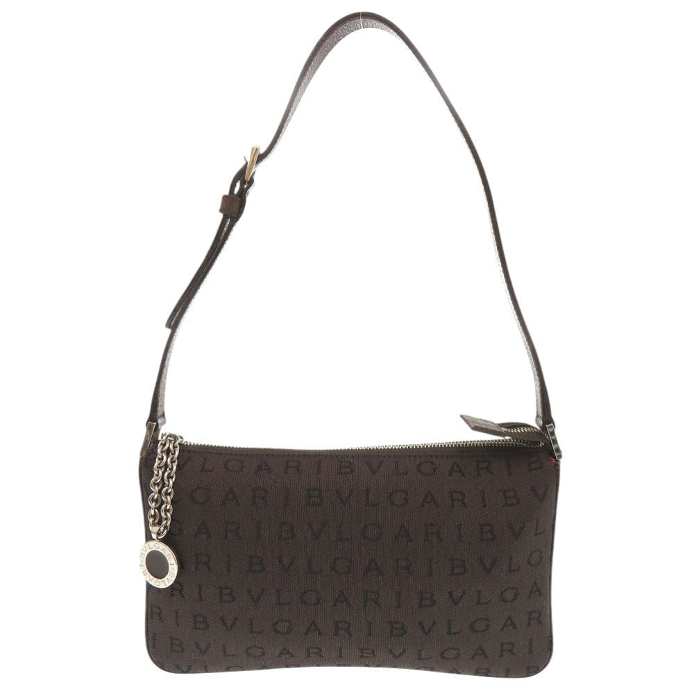 美品 ブルガリ ロゴマニア キャンバス レザー ブラウン アクセサリーポーチ ショルダーバッグ 0428【中古】BVLGARI