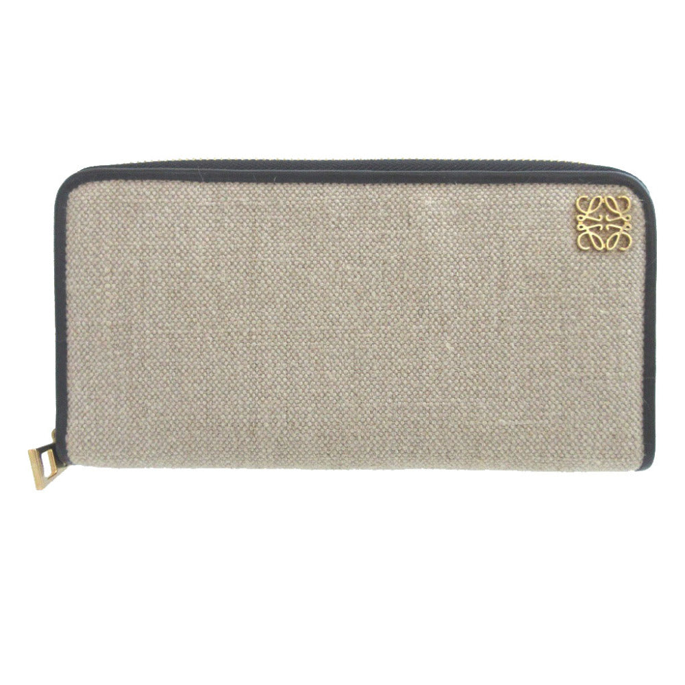 美品 ロエベ アマソナ キャンバス レザー ベージュ ブラック 黒 ラウンドファスナー長財布 財布 0472【中古】LOEWE
