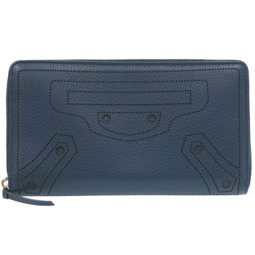 美品 バレンシアガ ラウンドファスナー 443521 カーフレザー ブルー 長財布 0474【中古】BALENCIAGA