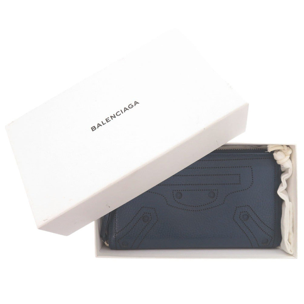 美品 バレンシアガ ラウンドファスナー 443521 カーフレザー ブルー 長財布 0474【中古】BALENCIAGA