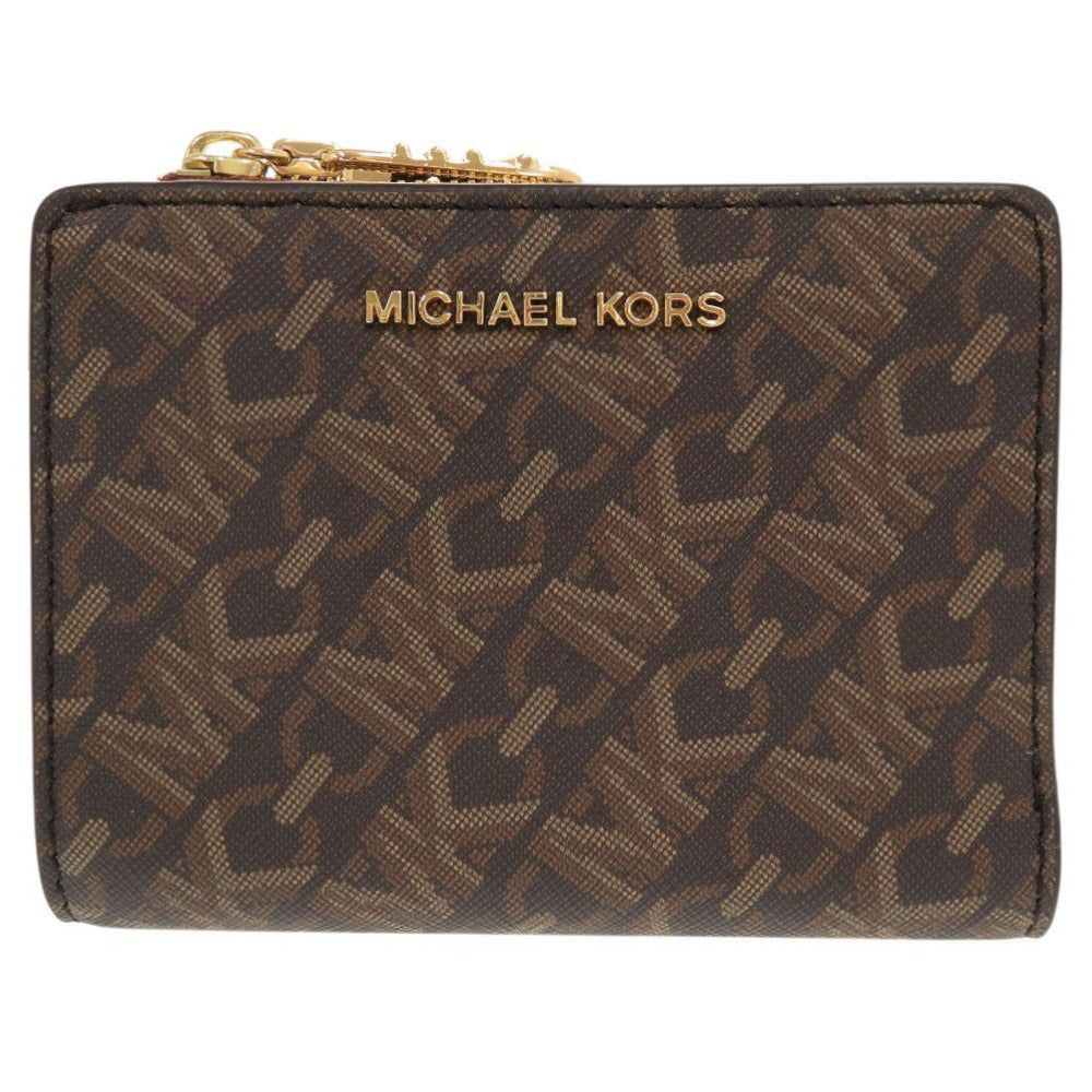新品同様 マイケルコース EMPIRE エンパイア シグネチャーロゴ スナップ コイン ビルフォールド ミディアム コーティングキャンバス ブラウン 二つ折り財布 0592【中古】Michael Kors