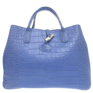 美品 ロンシャン ロゾ トートバッグ クロコ調 クロコ型押し ショルダートート レザー ブルー 0603【中古】Longchamp