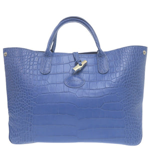美品 ロンシャン ロゾ トートバッグ クロコ調 クロコ型押し ショルダートート レザー ブルー 0603【中古】Longchamp