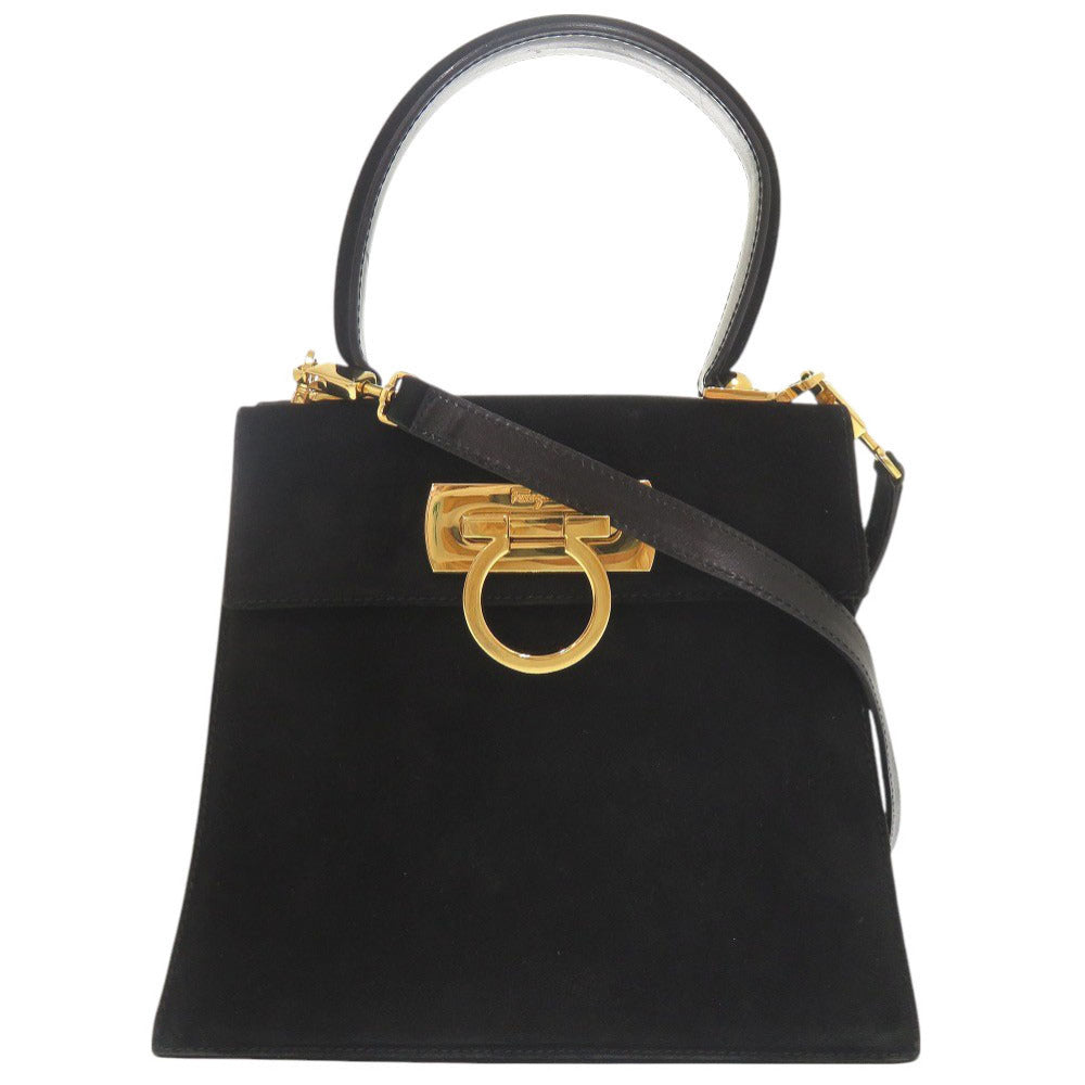 美品 サルヴァトーレフェラガモ ガンチーニ スエード レザー ブラック 2WAY ハンドバッグ ショルダーバッグ 黒 0632【中古】Salvatore Ferragamo