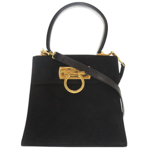 美品 サルヴァトーレフェラガモ ガンチーニ スエード レザー ブラック 2WAY ハンドバッグ ショルダーバッグ 黒 0632【中古】Salvatore Ferragamo