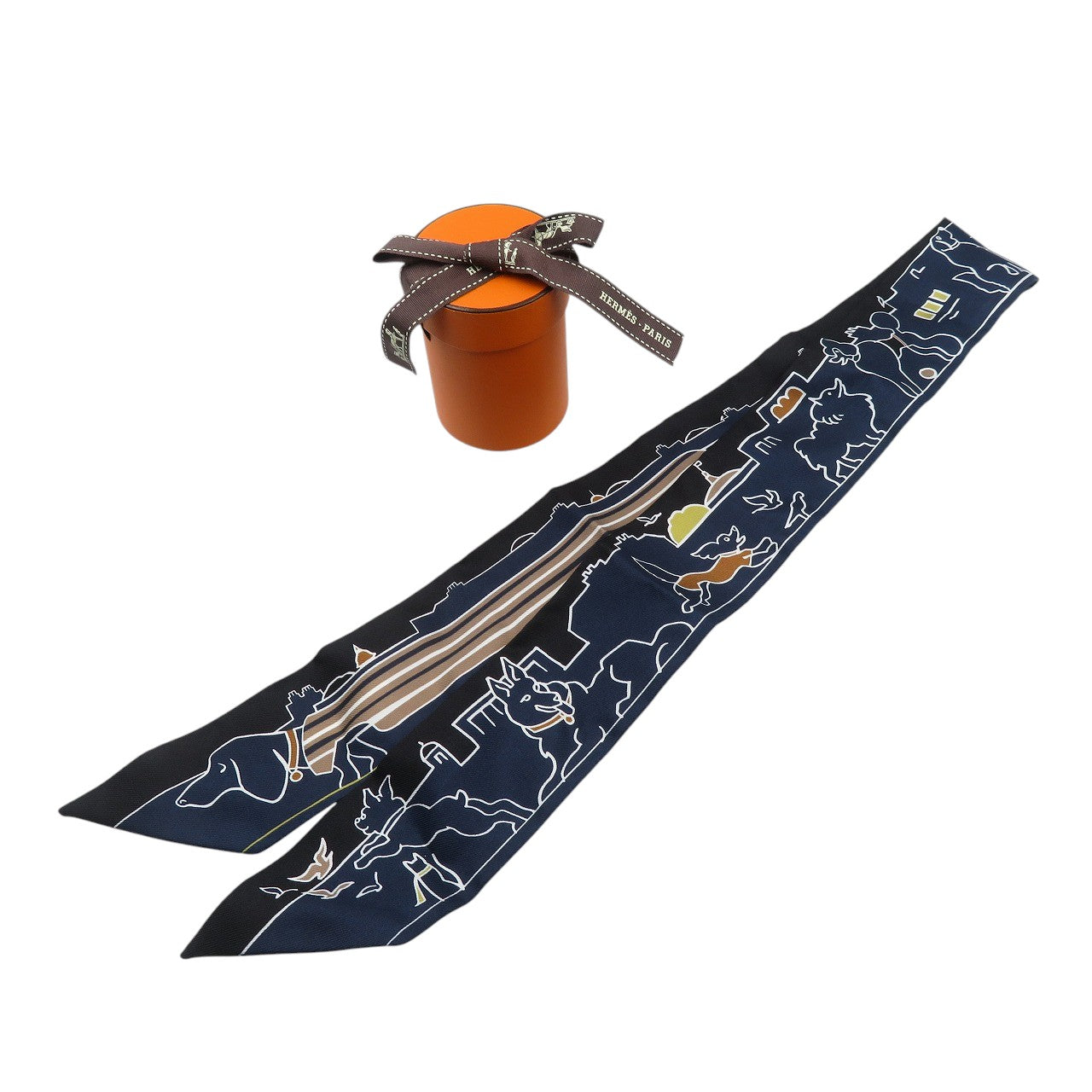 新品同様 エルメス ツイリー パリジャンの犬 H064116S 01 シルク カバン ホワイト キャメル スカーフ 0724【中古】HERMES