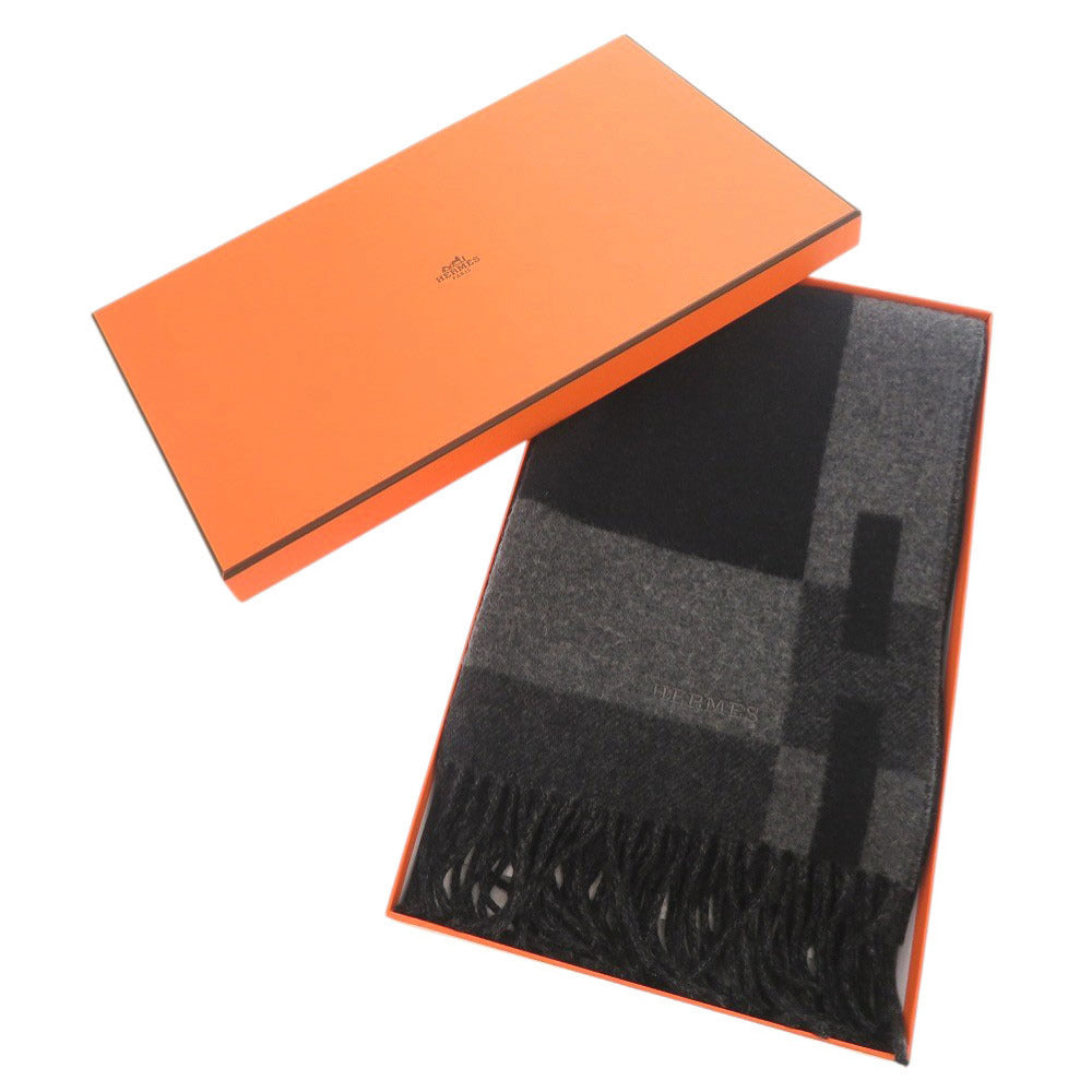 未使用品 エルメス Hパッサン カシミヤ グレー ブラック マフラー 0734【中古】HERMES