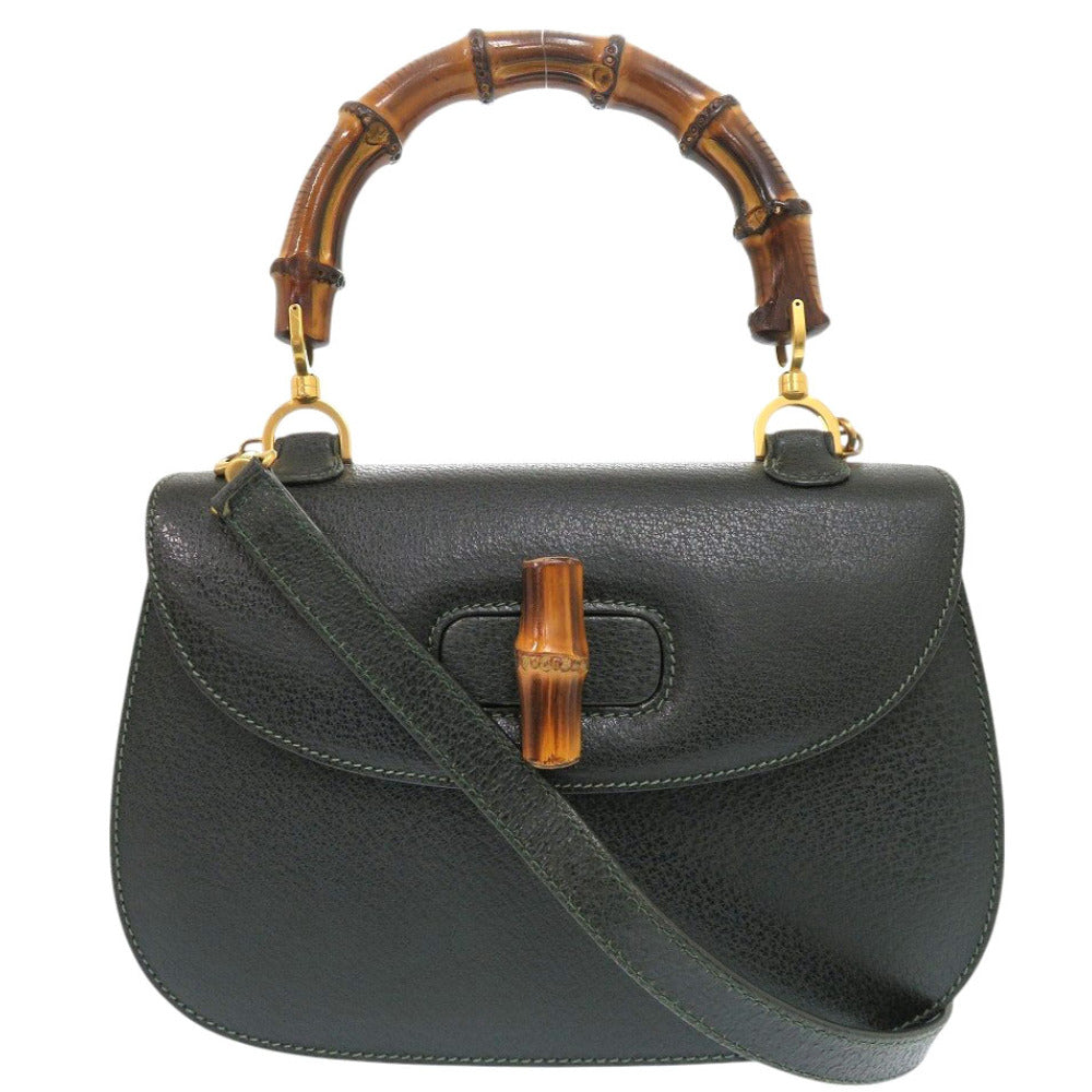 美品 グッチ バンブー 000 29 0633 レザー グリーン 2wayハンドバッグ 緑 0884【中古】GUCCI