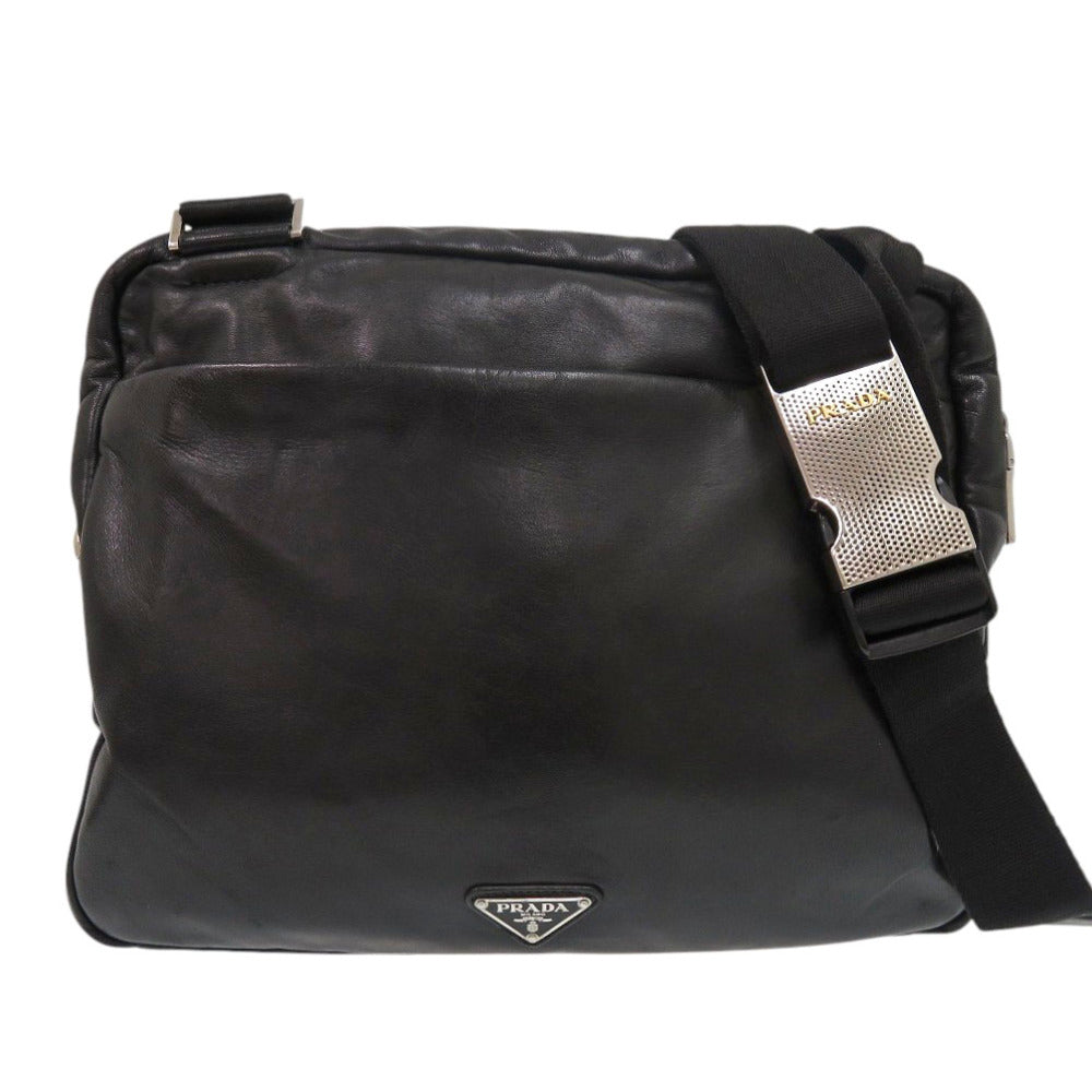 プラダ トライアングル ロゴ レザー ブラック ショルダーバッグ 黒 0920【中古】PRADA