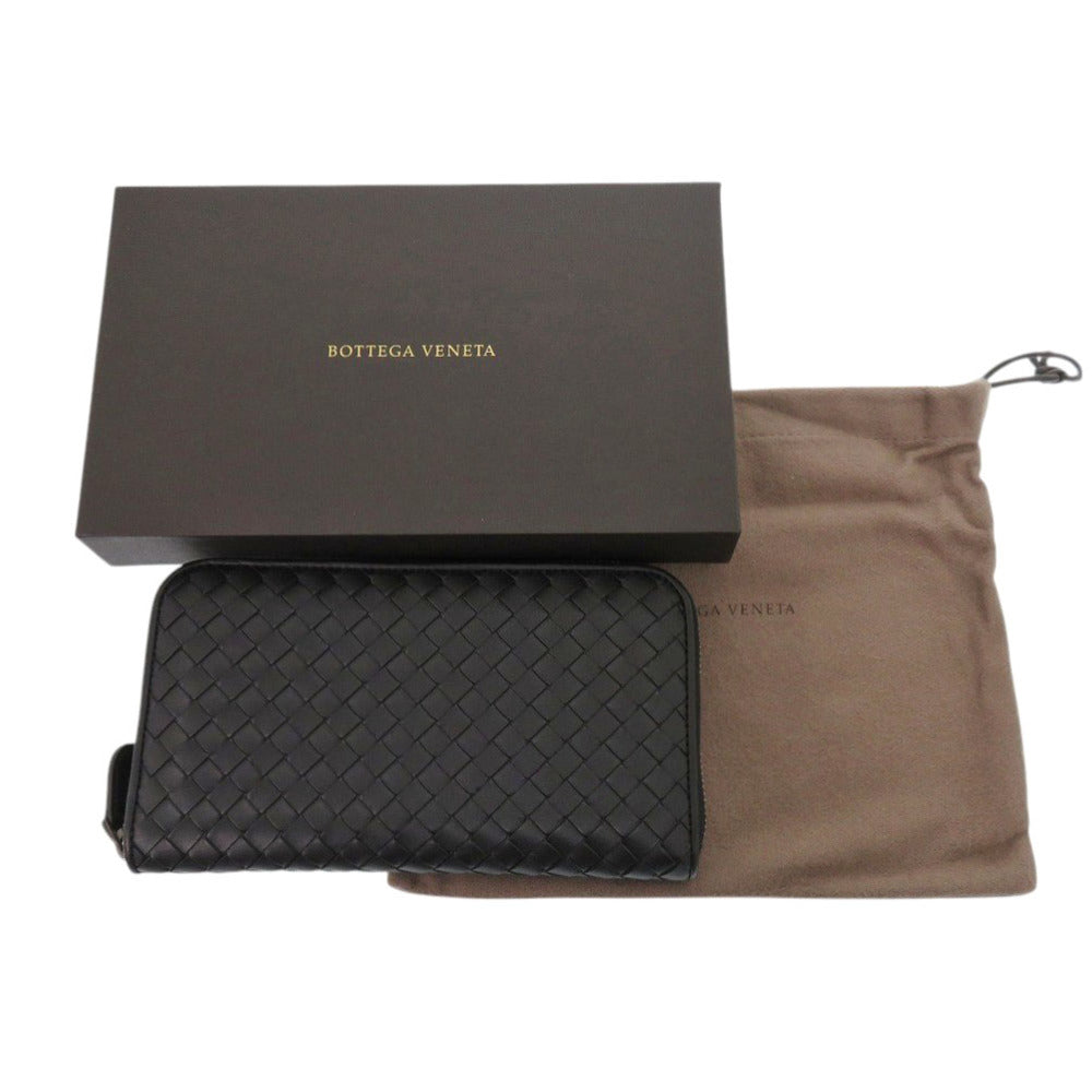 新品同様 ボッテガヴェネタ イントレチャート ラウンドファスナー レザー ブラック 長財布 黒 0924【中古】BOTTEGAVENETA