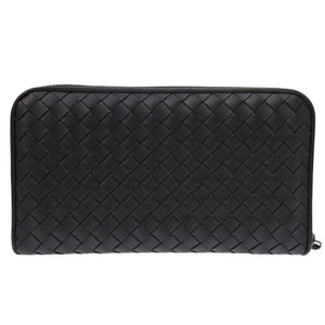 新品同様 ボッテガヴェネタ イントレチャート ラウンドファスナー レザー ブラック 長財布 黒 0924【中古】BOTTEGAVENETA