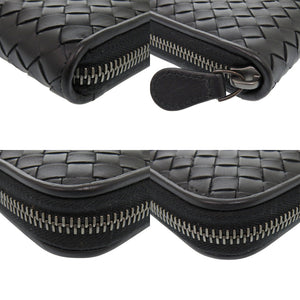 新品同様 ボッテガヴェネタ イントレチャート ラウンドファスナー レザー ブラック 長財布 黒 0924【中古】BOTTEGAVENETA