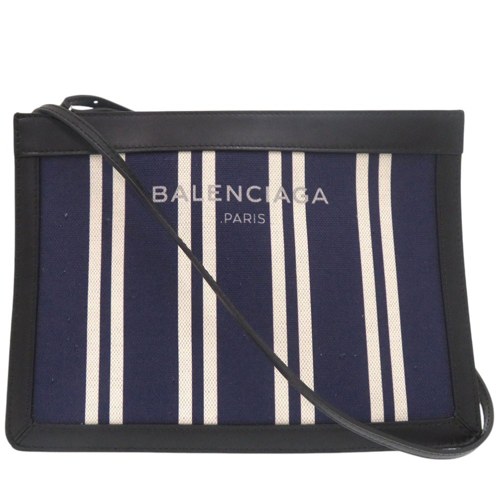 美品 バレンシアガ ストライプ 339937 ポシェット ショルダーバッグ キャンバス レザー ネイビー 0951【中古】BALENCIAGA