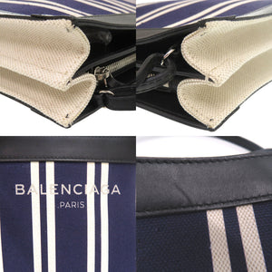 美品 バレンシアガ ストライプ 339937 ポシェット ショルダーバッグ キャンバス レザー ネイビー 0951【中古】BALENCIAGA