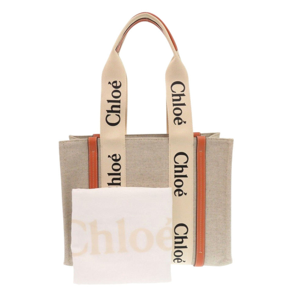 新品同様 クロエ WOODY ウッディ ミディアム トートバッグ レザー リネンキャンバス ベージュ オレンジ ハンドバッグ 1053【中古】Chloe