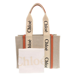 新品同様 クロエ WOODY ウッディ ミディアム トートバッグ レザー リネンキャンバス ベージュ オレンジ ハンドバッグ 1053【中古】Chloe