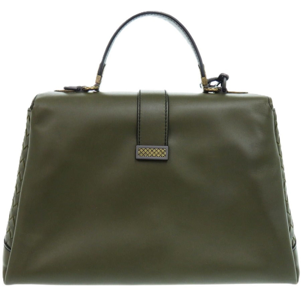 美品 ボッテガヴェネタ ピアッツァ 543214 VALKG 2334 カーフ ラムスキン マスタードグリーン 緑 ハンドバッグ 1175【中古】BOTTEGAVENETA