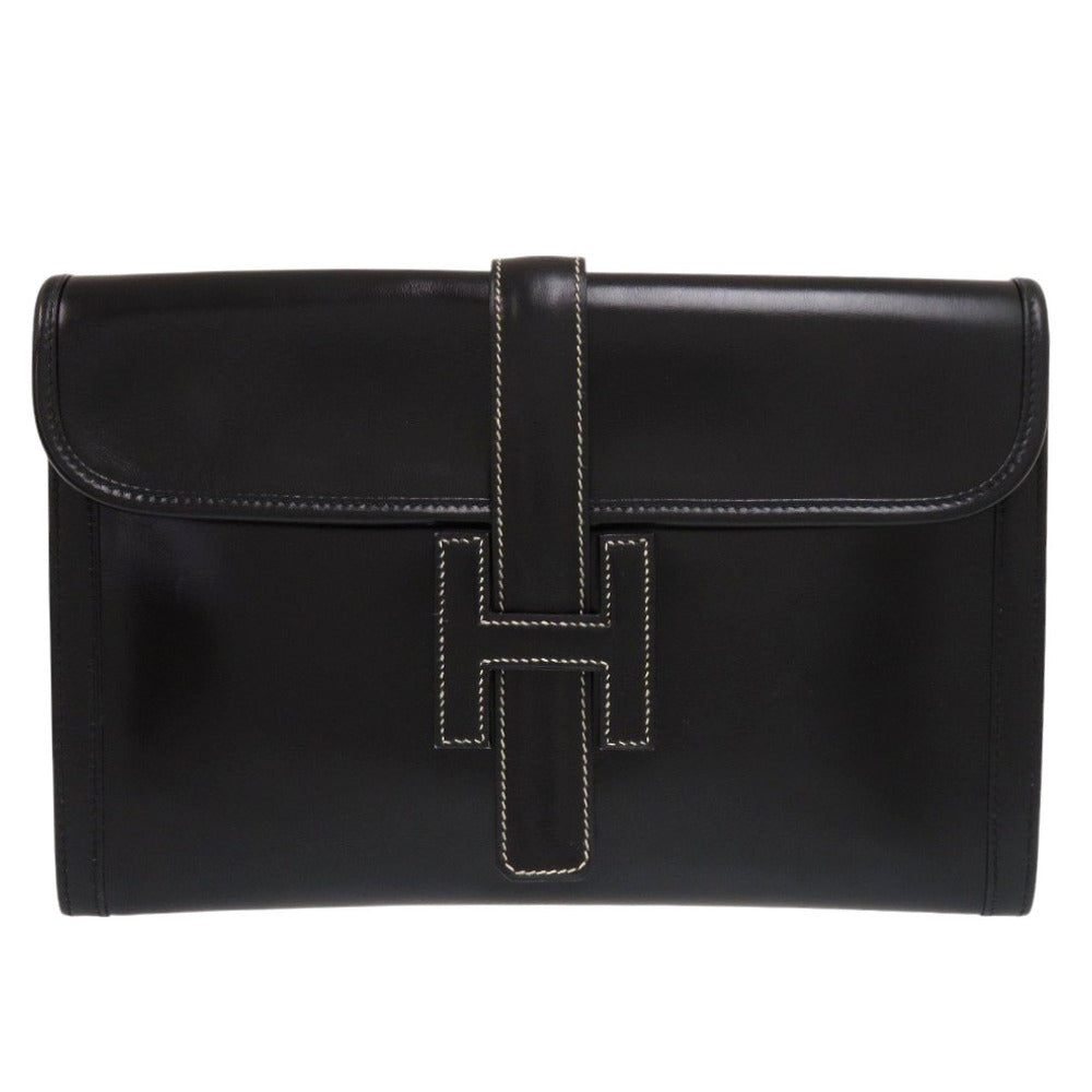 美品 エルメス ジジェPM ホワイトステッチ ボックスカーフ ブラック 〇Q刻印(1987年製) クラッチバッグ 黒 1193【中古】HERMES