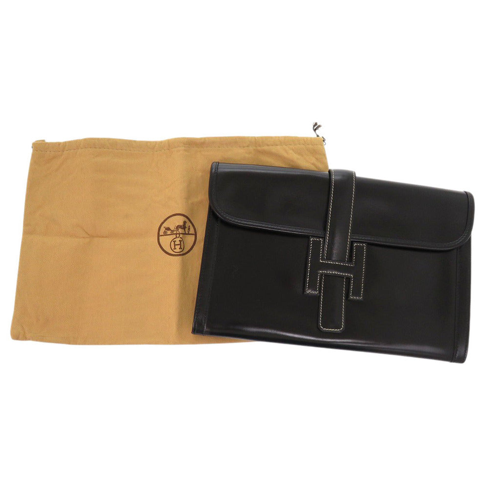 美品 エルメス ジジェPM ホワイトステッチ ボックスカーフ ブラック 〇Q刻印(1987年製) クラッチバッグ 黒 1193【中古】HERMES