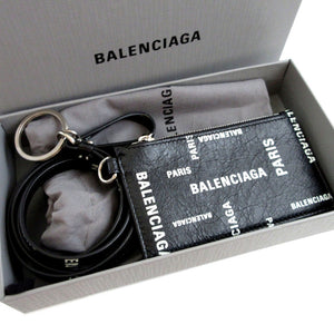 新品同様 バレンシアガ 594548 レザー ブラック 黒 ストラップ付 カードケース コインケース フラグメントケース 1243【中古】BALENCIAGA