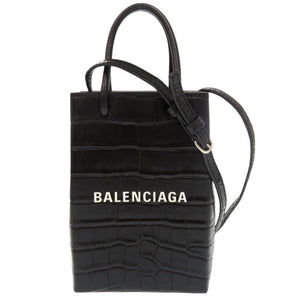 新品同様 バレンシアガ  クロコ型押しレザー ブラック ショッピング フォンホルダー 2WAY ショルダーバッグ 黒 1303【中古】BALENCIAGA