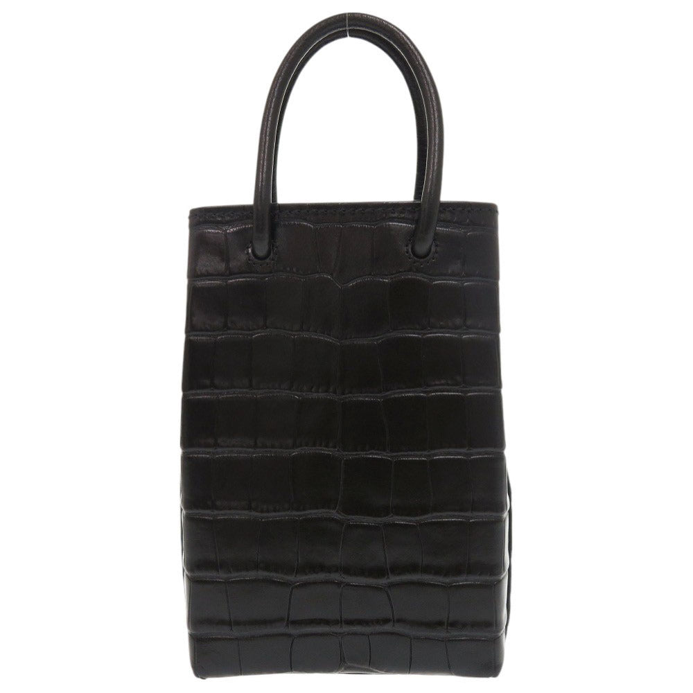 新品同様 バレンシアガ  クロコ型押しレザー ブラック ショッピング フォンホルダー 2WAY ショルダーバッグ 黒 1303【中古】BALENCIAGA