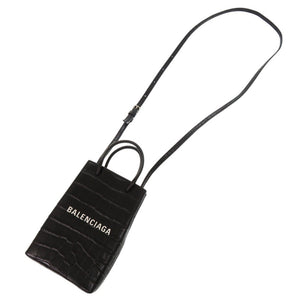 新品同様 バレンシアガ  クロコ型押しレザー ブラック ショッピング フォンホルダー 2WAY ショルダーバッグ 黒 1303【中古】BALENCIAGA