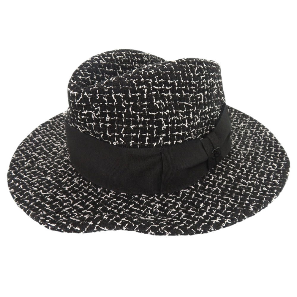 美品 シャネル ツイード コットン ポリエステル ブラック ホワイト 帽子 ハット 黒 1323【中古】CHANEL