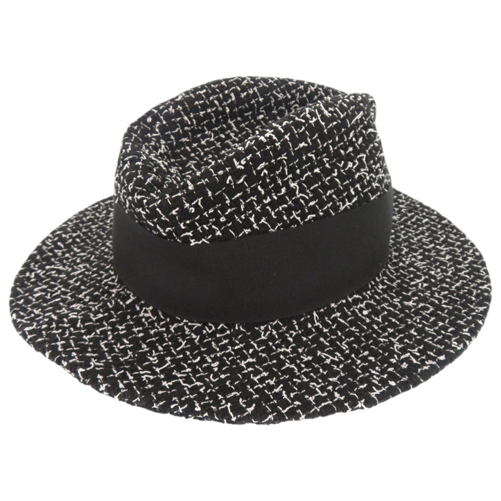 美品 シャネル ツイード コットン ポリエステル ブラック ホワイト 帽子 ハット 黒 1323【中古】CHANEL